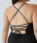 Breezeful ™ Robe Casual Grande Taille Maxi à Dos Nu Croisillons Lacés Fermeture Éclair Latérale Volants et Ourlet Fendu à Séchage Rapide