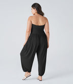 Combinaison Casual Grande Taille à Dos Nu en Tube Côtelé avec Poches Latérales Plissées