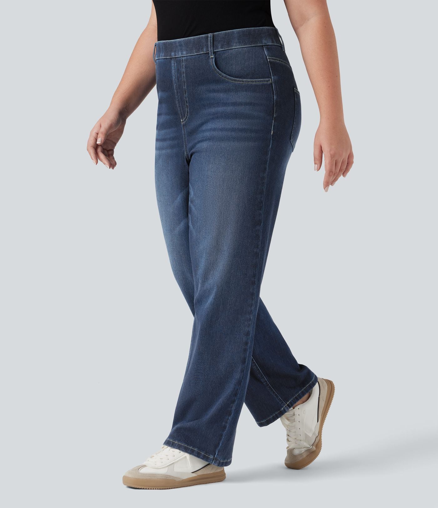 Jean droit décontracté délavé gainant taille haute grande taille avec poches Halara Flex™