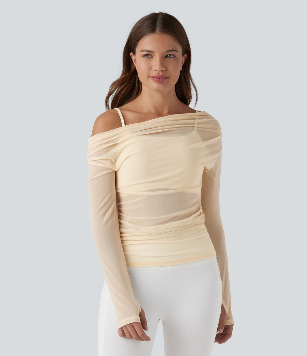 Top sport yoga 2-en-1 asymétrique une épaule manches longues mesh à fronces et trous pour les pouces
