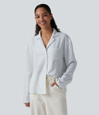 Chemise décontractée rayée col cranté manches longues aspect lin avec poche