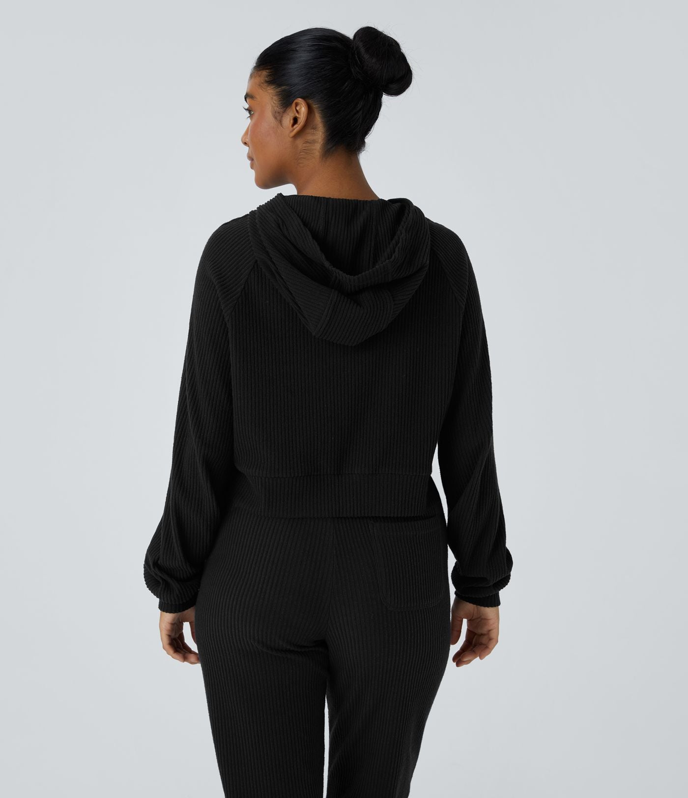 Sweat-shirt décontracté à capuche en maille côtelée avec manches longues et fente