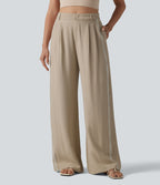 Pantalon large fluide décontracté taille haute color block aspect lin avec poches