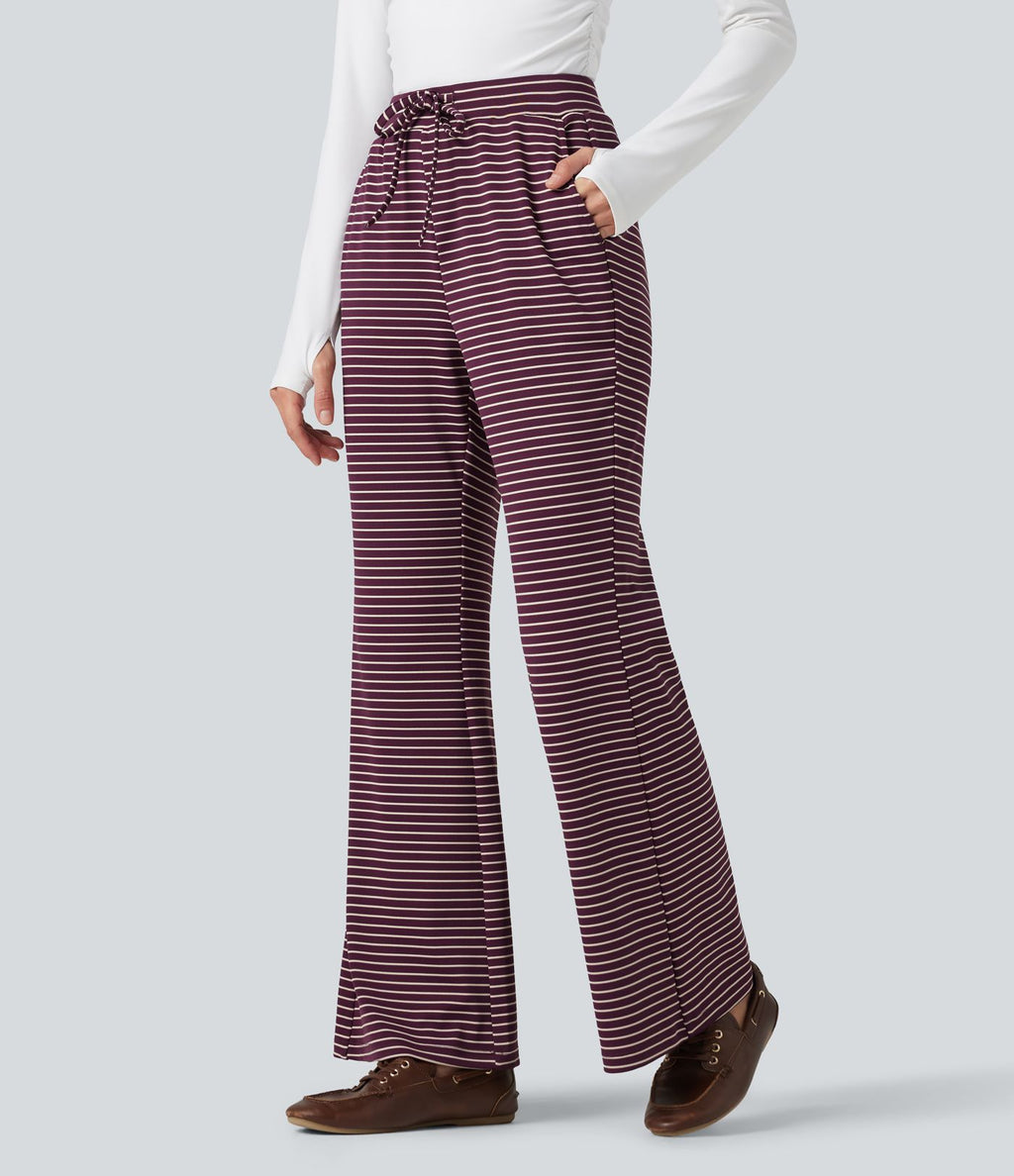 Pantalon décontracté à rayures en maille côtelée, taille mi-haute, cordon de serrage et coupe bootcut, avec poches