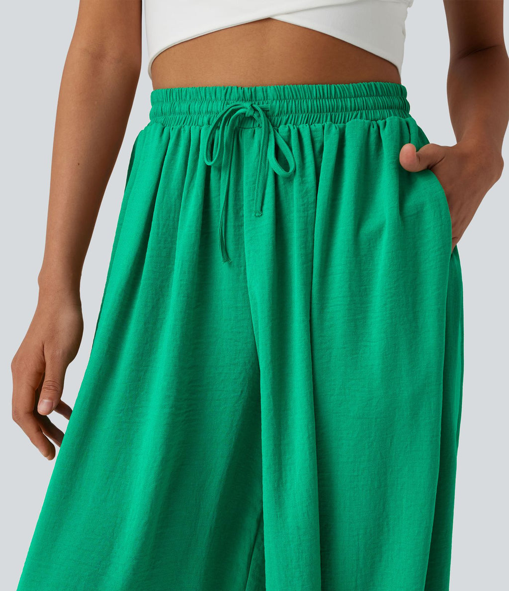 Pantalon ballon fluide resort taille haute effet lin avec cordon de serrage et poches