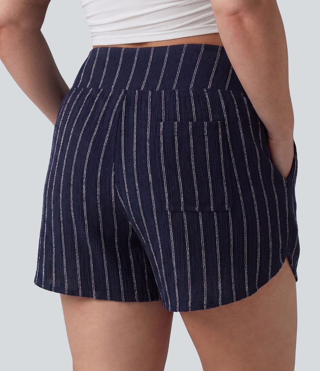 Short rayé grande taille taille haute avec ourlet arrondi et poches