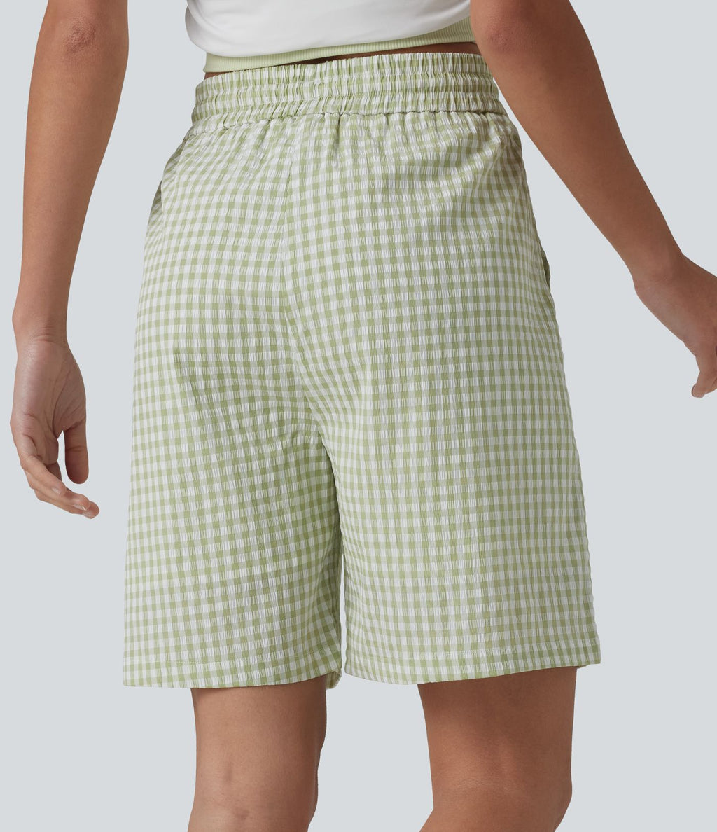 Short ample taille haute à carreaux vichy avec cordon de serrage et poches