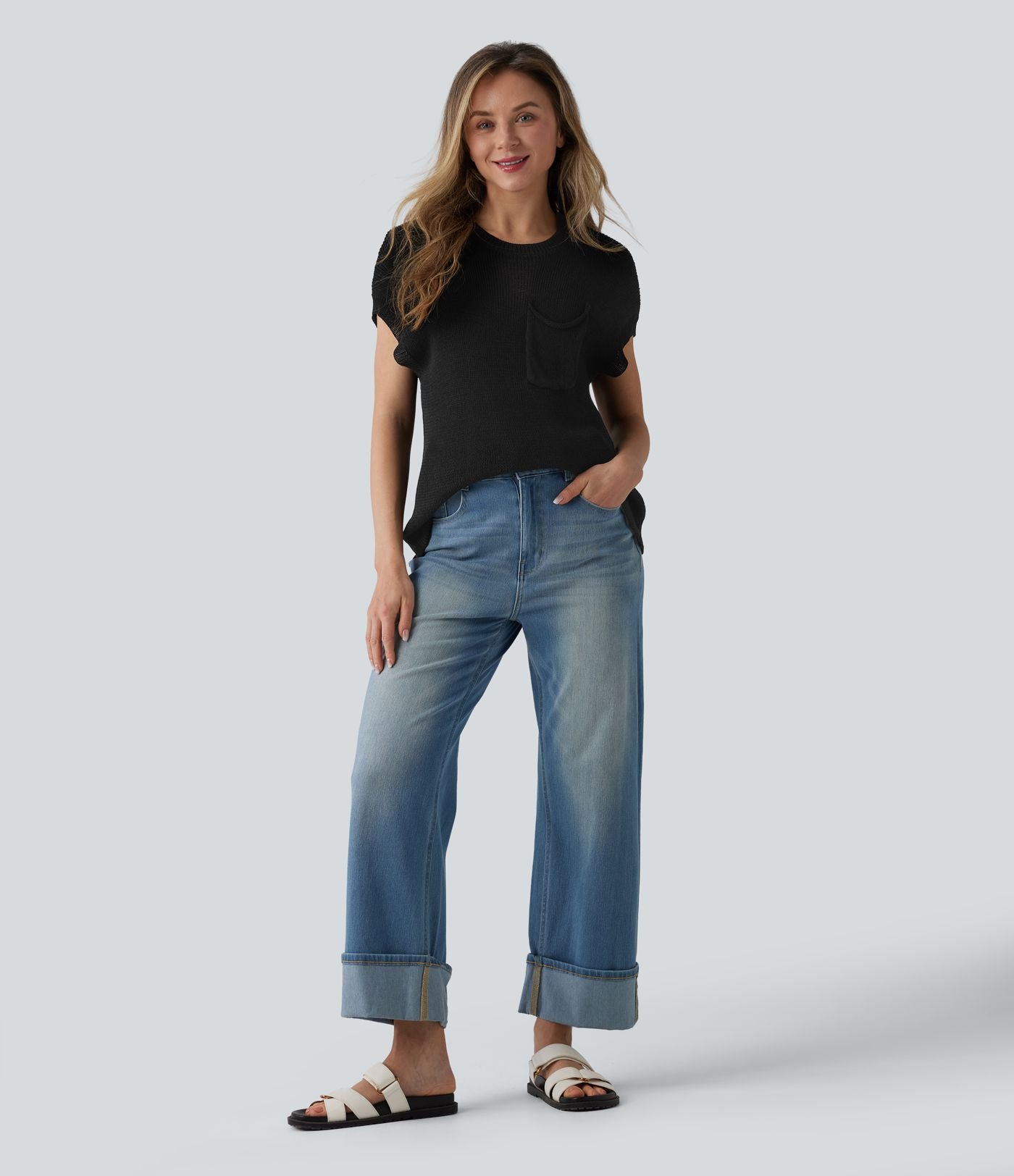 Pull décontracté col rond manches chauve-souris avec poche