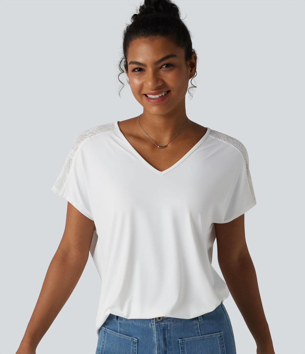 Haut décontracté col V manches chauve-souris courtes avec dentelle contrastée effet frais InstantCool séchage rapide, protection solaire UPF50+