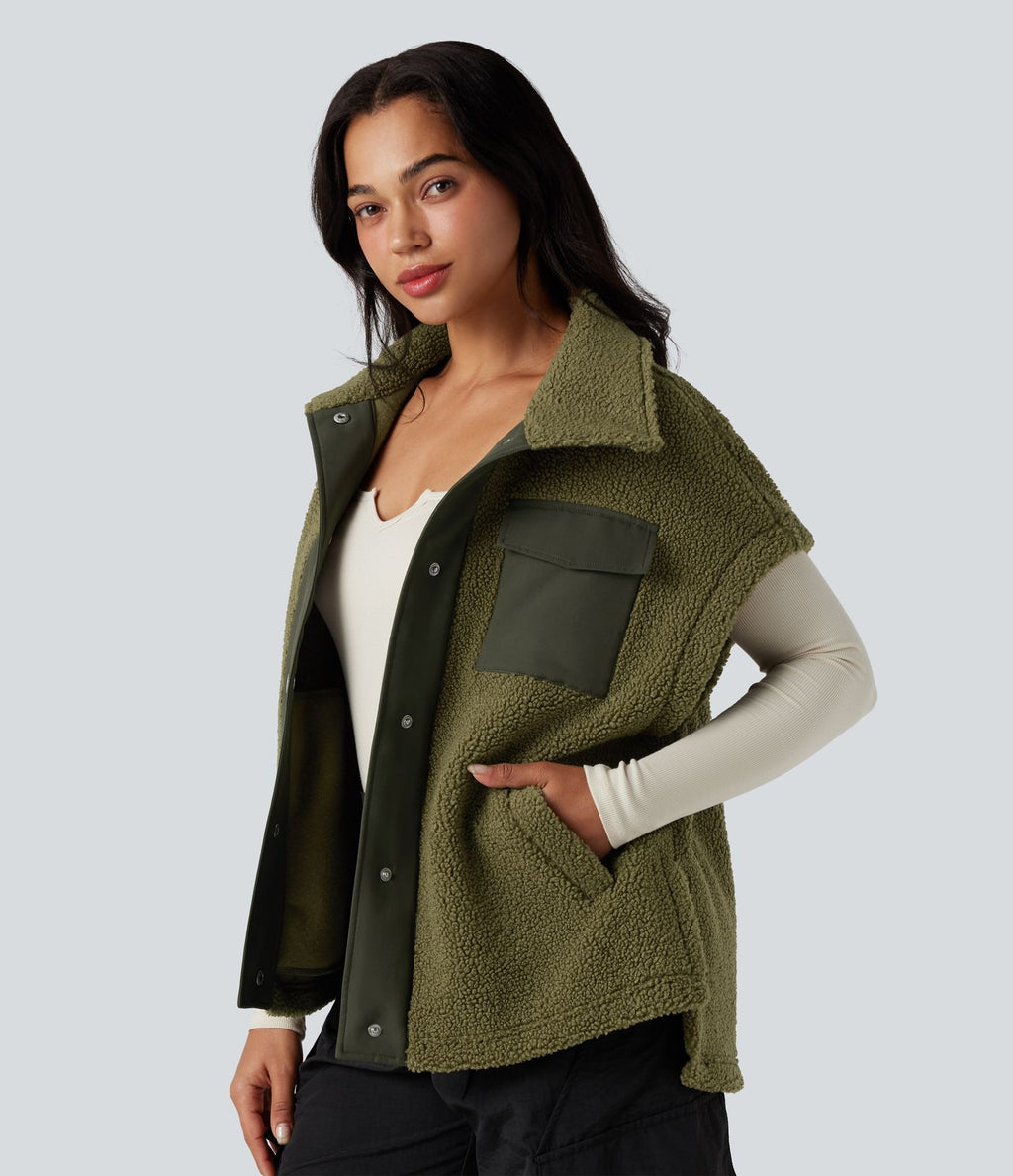 Gilet sherpa randonnée color block col montant manches courtes avec poches