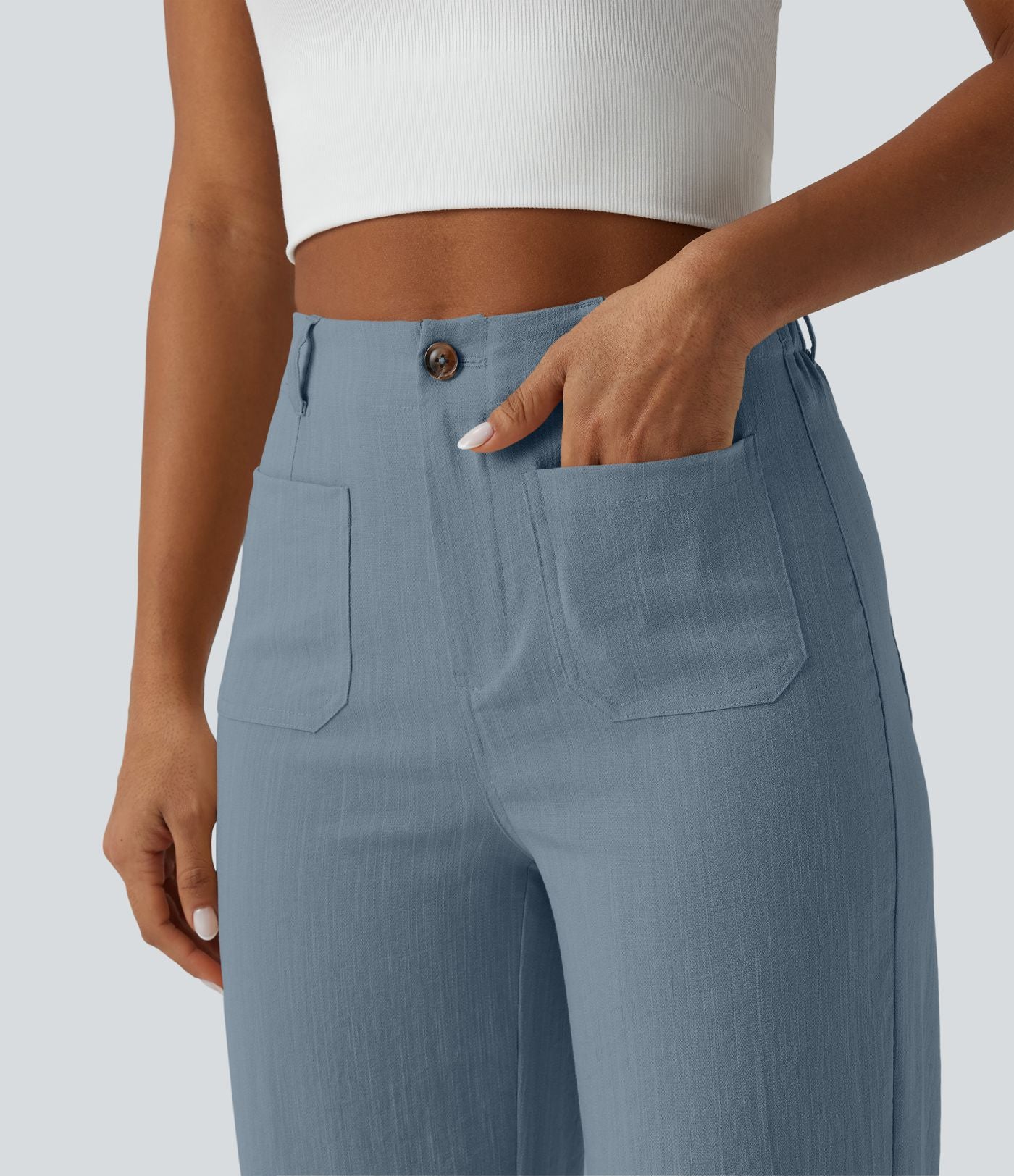 Pantalon taille haute coupe droite effet lin avec poches