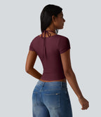 T-shirt crop décontracté côtelé dos nu à nouer avec soutien-gorge intégré manches courtes