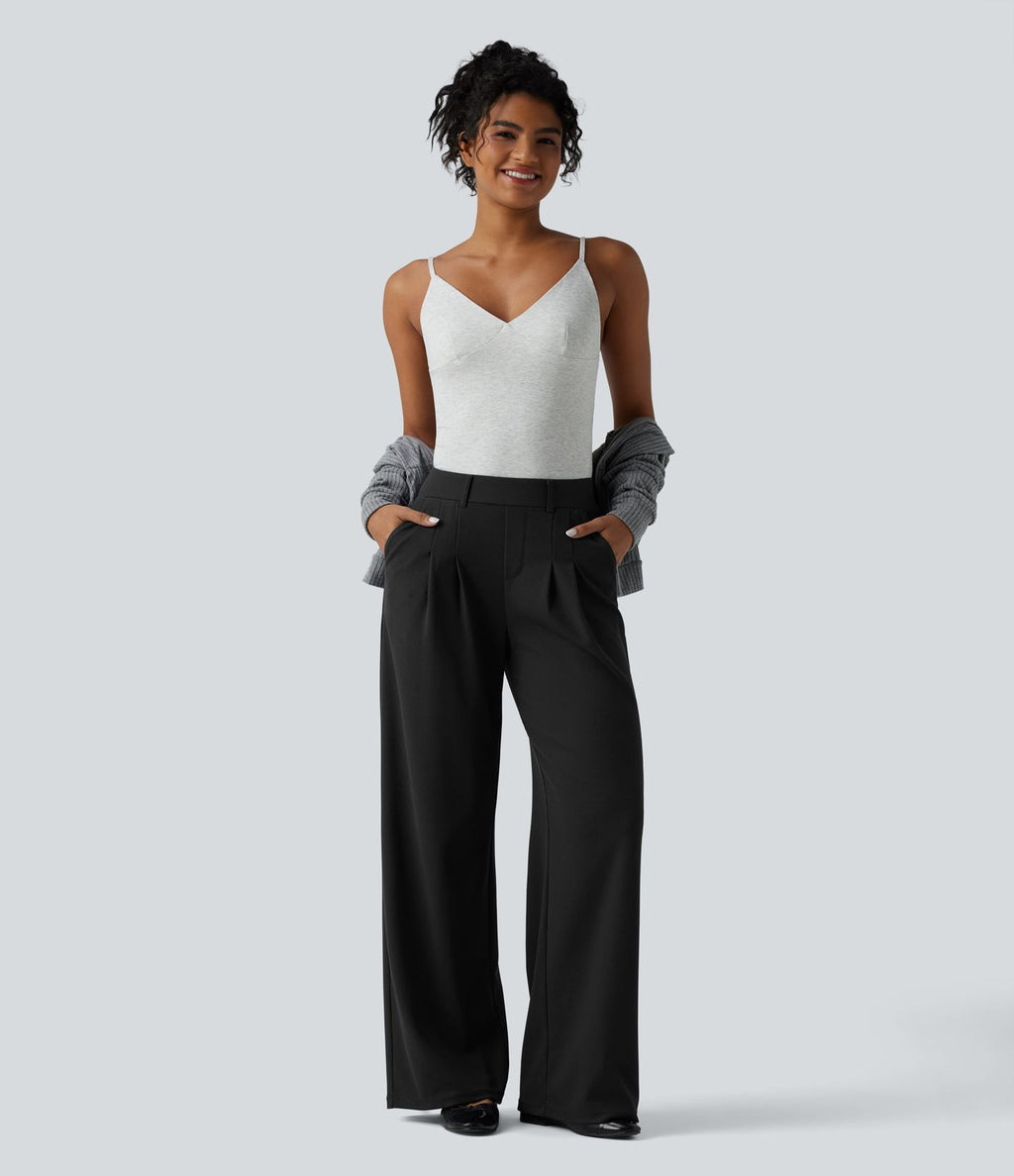 Pantalon décontracté large taille mi-haute gaufré avec poches
