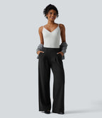 Pantalon décontracté large taille mi-haute gaufré avec poches