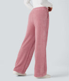 Pantalon chenille gaufré coupe droite taille mi-haute avec poches