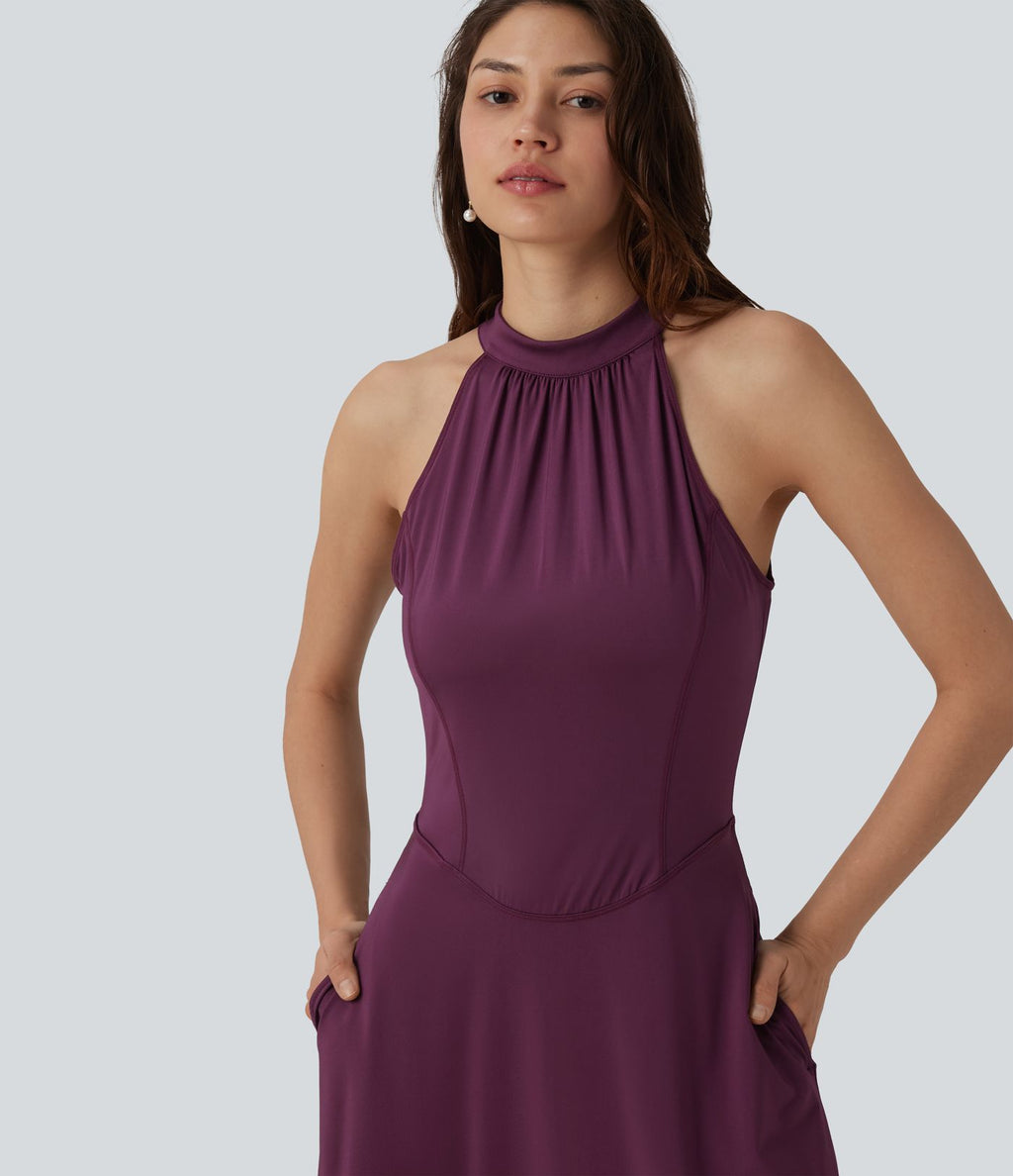 Robe midi fluide à col cheminée, sans manches, zip invisible, en satin extensible à effet frais InstantCool, idéale pour demoiselles d'honneur et invitées de mariage, avec poches