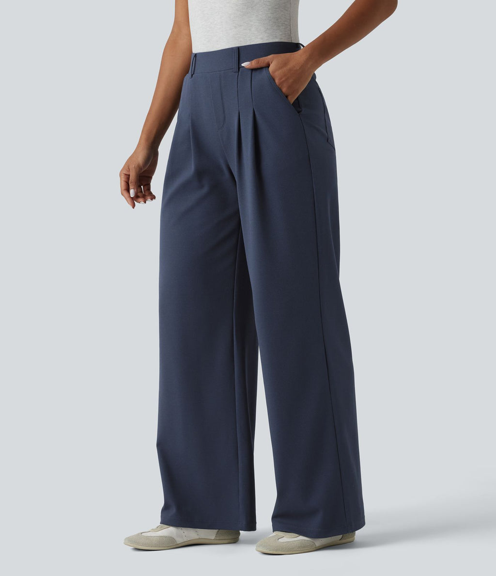 Pantalon décontracté large taille mi-haute gaufré avec poches
