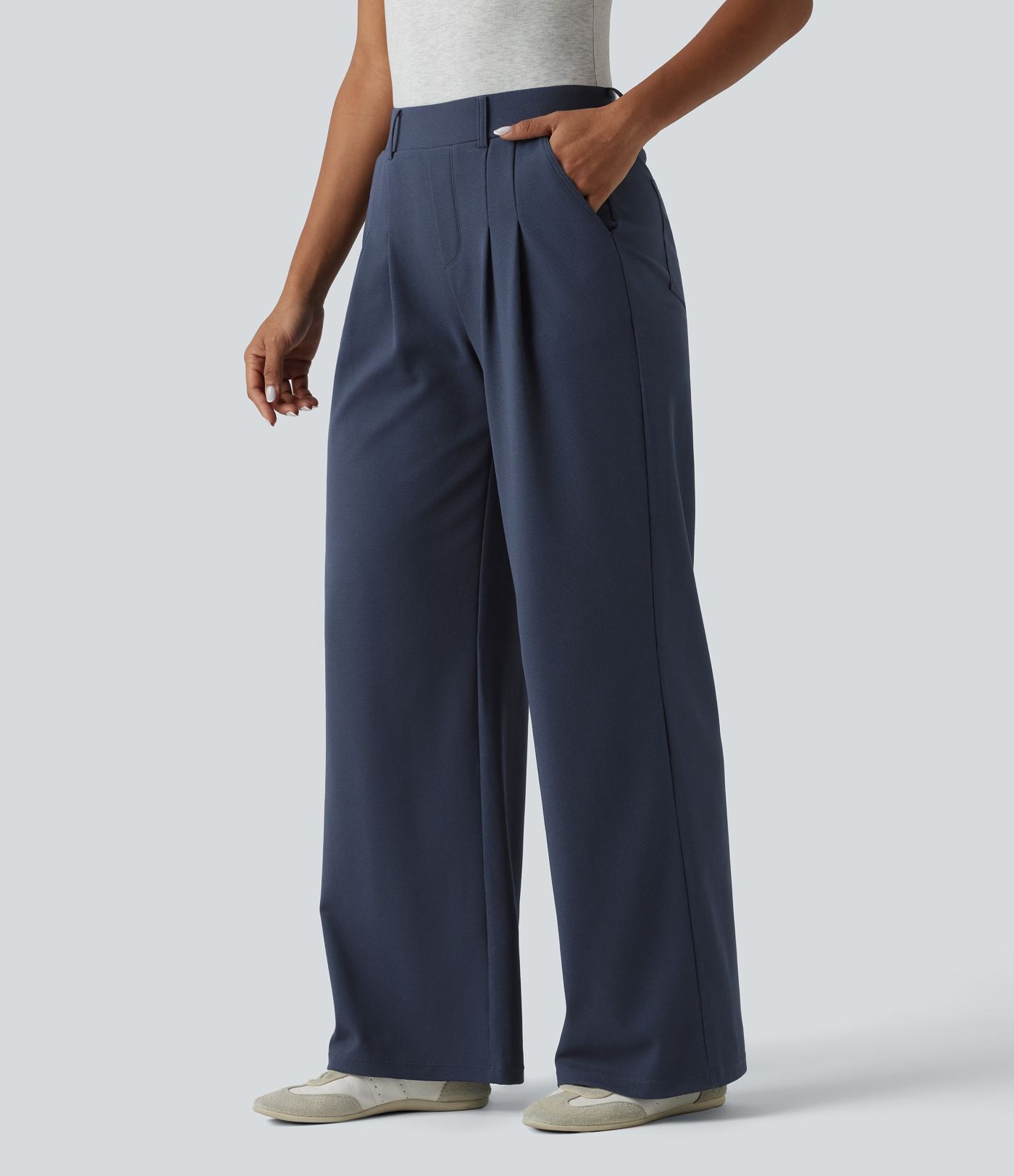 Pantalon décontracté large taille mi-haute gaufré avec poches