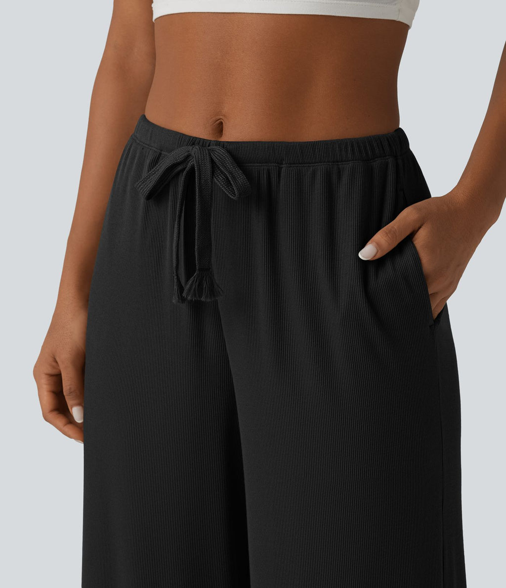 Pantalon large casual en maille côtelée extensible taille mi-haute avec cordon de serrage et poches