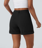 Short décontracté gaufré à taille haute, fermeture zippée, bouton et poches latérales