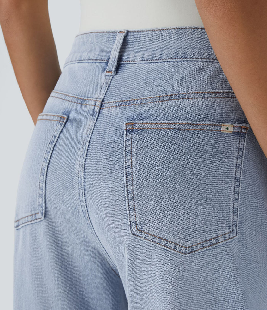 Jean décontracté Halara Flex™ taille haute extensible en maille avec bouton, fermeture éclair, poches multiples et effet délavé