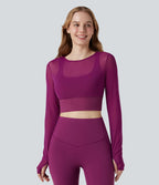 Haut de sport yoga cropped 2-en-1 manches longues mesh contrastant à trous pouces