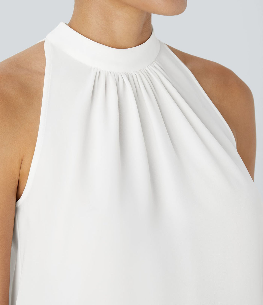 Blouse Travail Sans Manches Ourlet Courbé Col Haut Découpe au Dos Plis