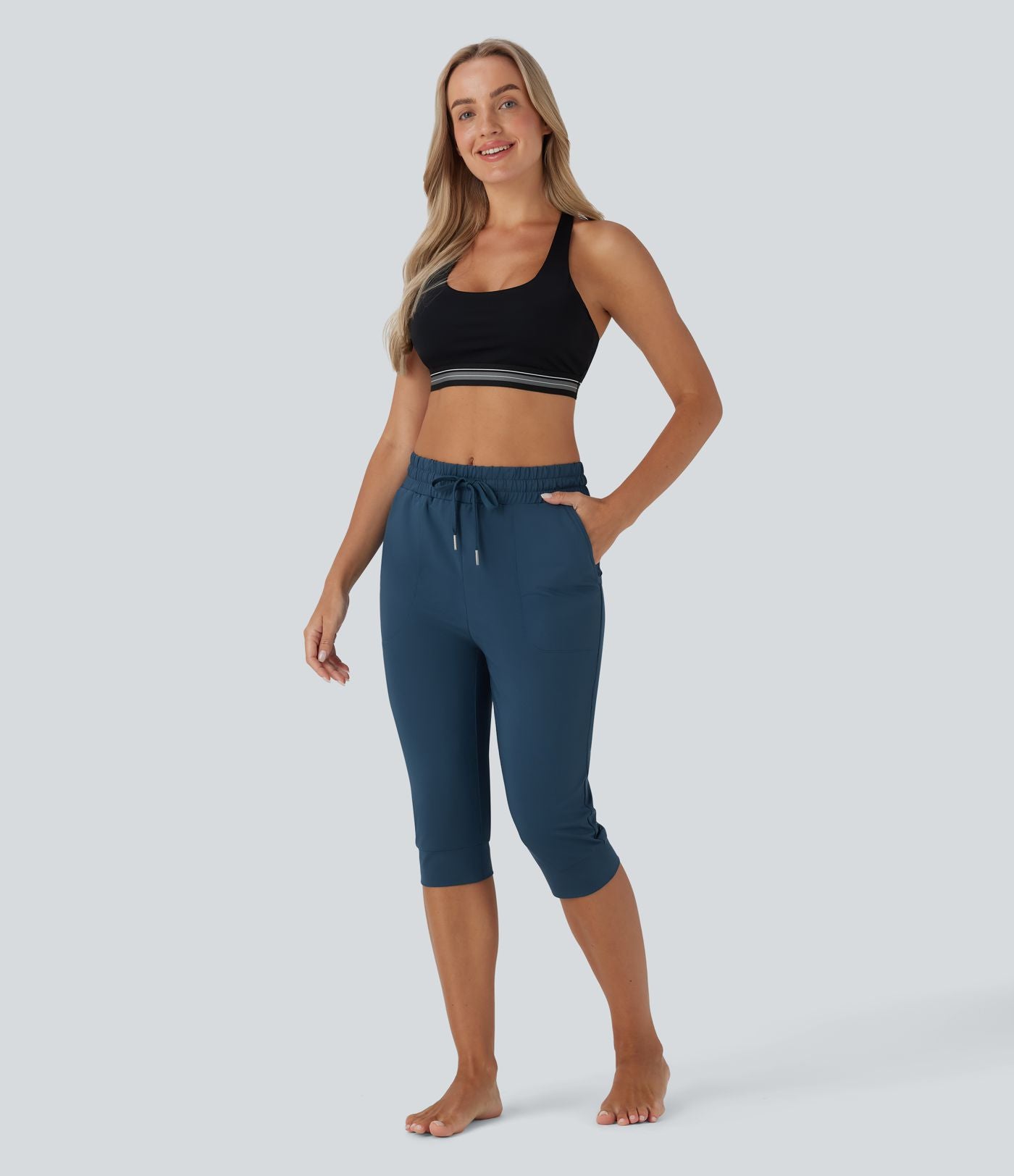 Pantalon corsaire jogging de danse taille haute à cordon avec poches latérales