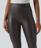 Legging casual 7/8 taille haute ventre plat en similicuir extensible, avec poches