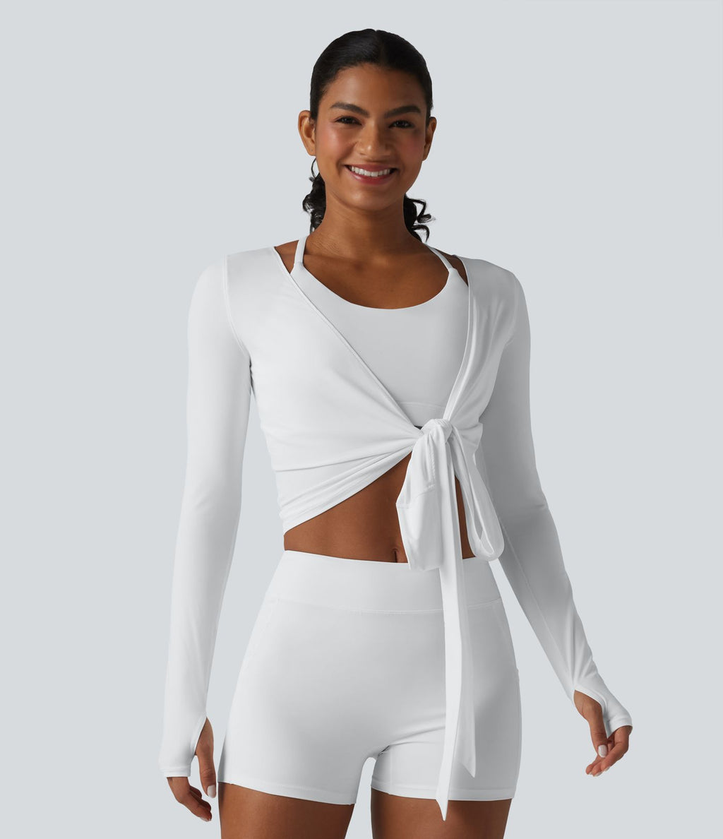 Haut de yoga à manches longues et bretelles croisées, toucher doux, protection solaire UPF50+
