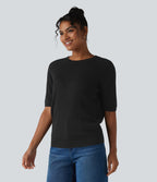 Pull col rond manches courtes en tissu gaufré