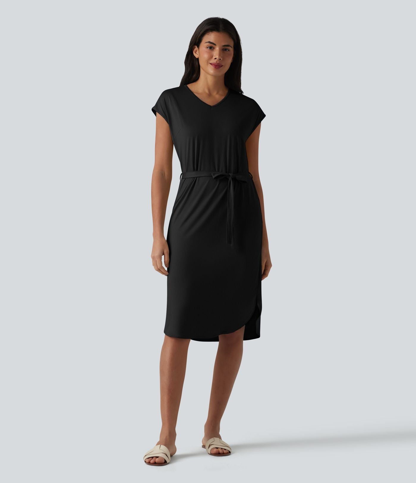 Robe t-shirt casual col V à manches courtes, ceinturée et ourlet arrondi