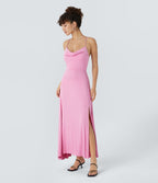 Robe Soirée Midi Encolure Côtelée Dos Nu Lacets Croisés Fendue