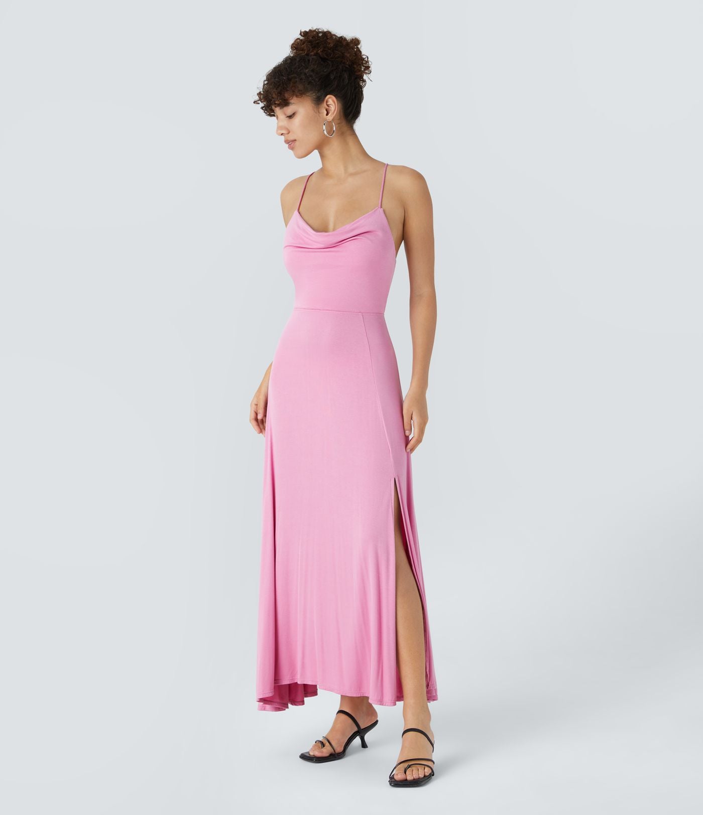 Robe Soirée Midi Encolure Côtelée Dos Nu Lacets Croisés Fendue