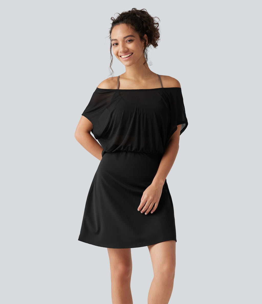 Robe-short mini SoftlyZero™ Plush pour le yoga à encolure bateau, manches courtes et poches - Easy Peasy