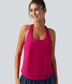 Débardeur de yoga à encolure U, ourlet arrondi, toucher frais, séchage rapide, coussinets amovibles et protection solaire UPF 50+