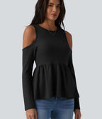 T-shirt décontracté gaufré col rond manches longues découpes ourlet à volants