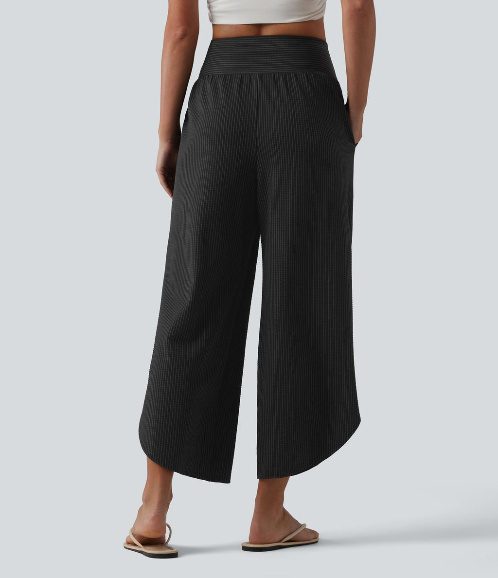 Pantalon décontracté taille haute ventre plat à rayures séchage rapide avec poches - UPF40+