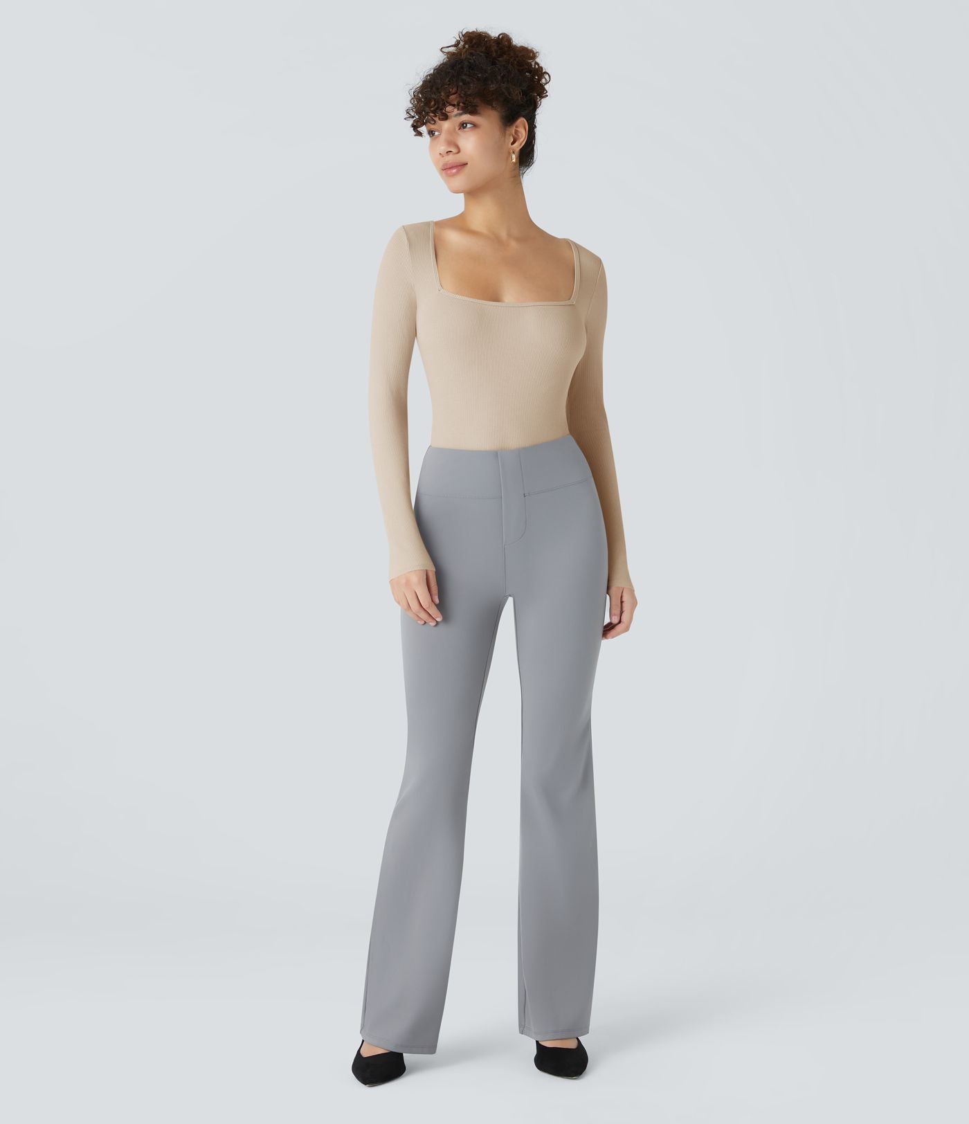 Bodysuit de Travail Tricot Côtelé Col Carré Manches Longues Boutonné Silhouette Élancée