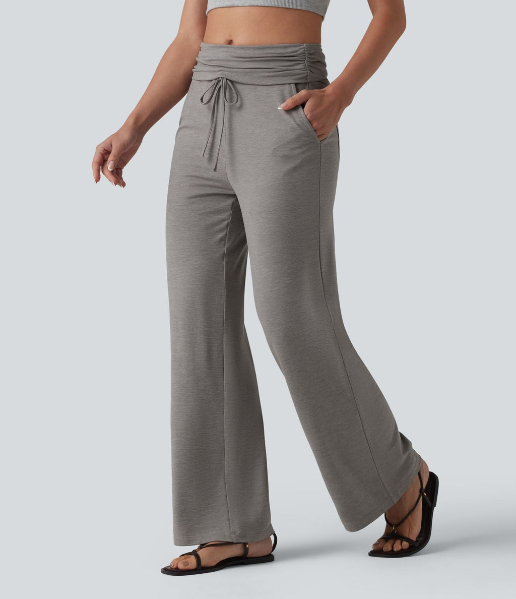 Pantalon casual évasé chiné taille mi-haute à ceinture rabattable, fronces et cordon de serrage avec poches