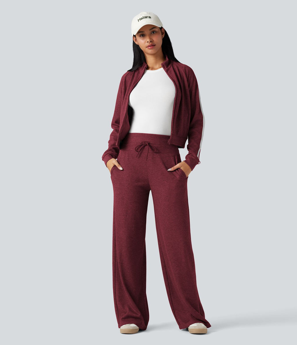 Pantalon jogging large décontracté côtelé gainant taille haute avec cordon de serrage et poches