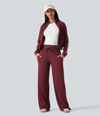 Pantalon jogging large décontracté côtelé gainant taille haute avec cordon de serrage et poches
