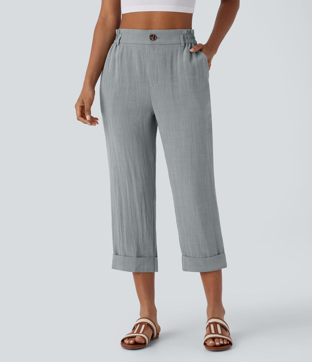 Pantalon capri effet lin taille haute avec poches zippées