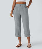 Pantalon capri effet lin taille haute avec poches zippées