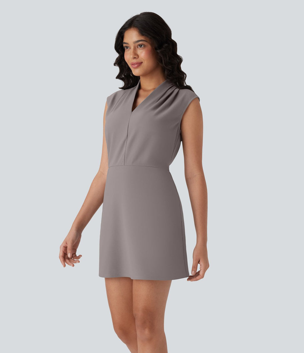 Robe de travail courte sans manches col V plissée Halara Flex™ micro gaufré avec poches