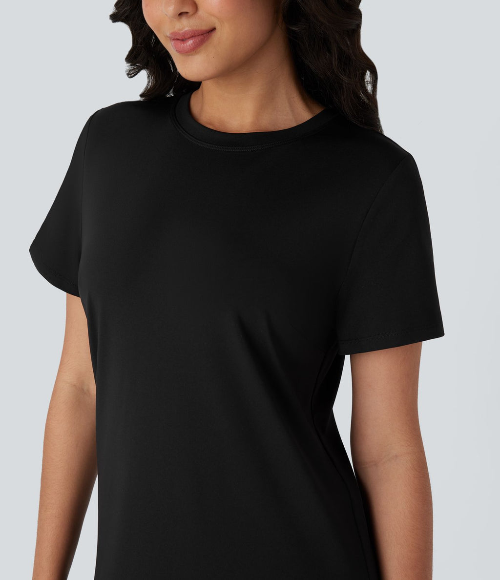 Robe tee-shirt mini décontractée unie col rond à manches courtes