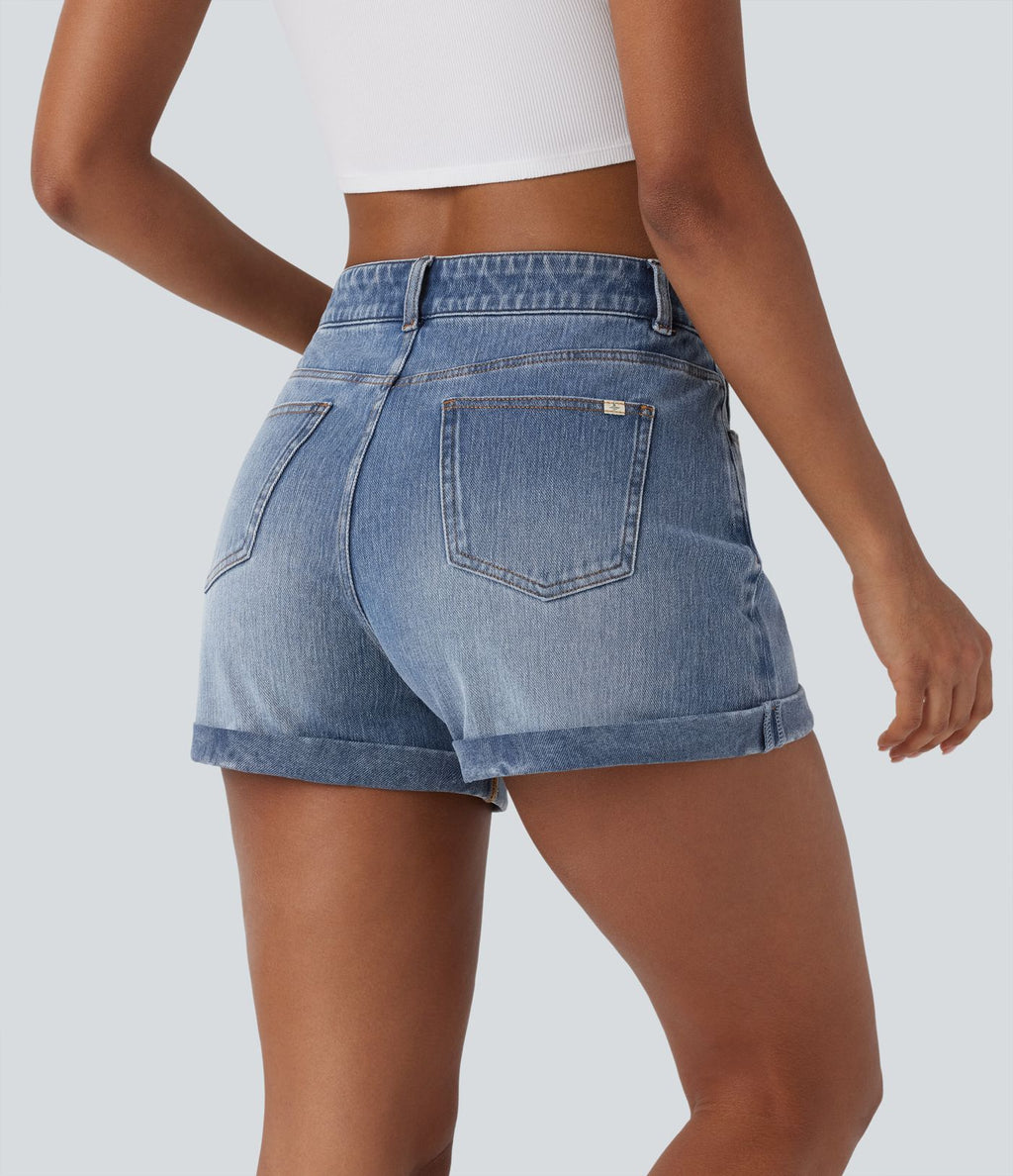 Short 7,5 cm décontracté en jean extensible Halara Flex™ taille moyenne avec boutons, zip et multiples poches