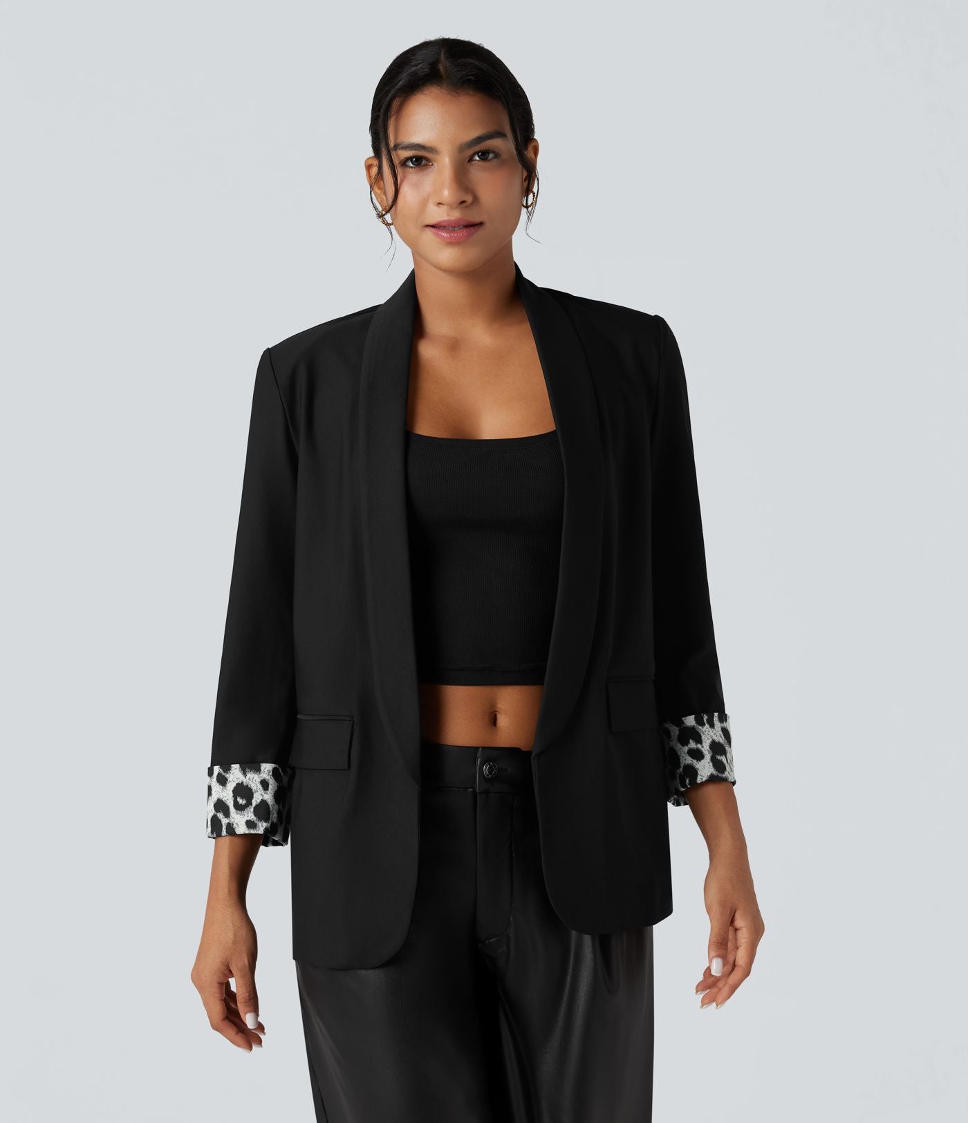 Blazer tailleur sergé imprimé léopard col tailleur manches longues avec poches