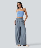 Pantalon baggy fluide casual en mélange de lin taille mi-haute à volants avec cordon et poches