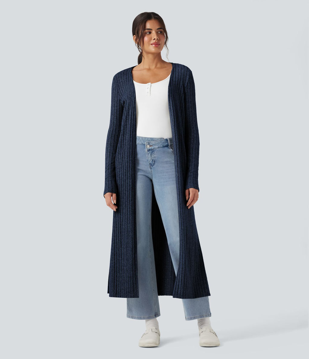 Manteau long décontracté maille côtelée manches longues avec fente